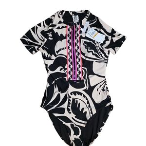 Trina Turk Artistic Black and White One Piece Swimsuit with Pink Accents